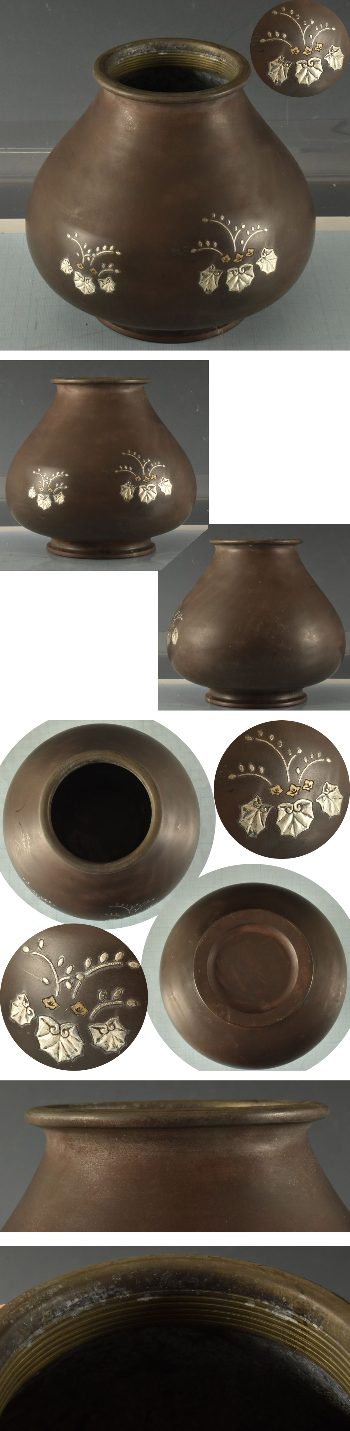 大得価セールB16973 銅製 象嵌桐文花瓶 1479ｇ：真作 花器